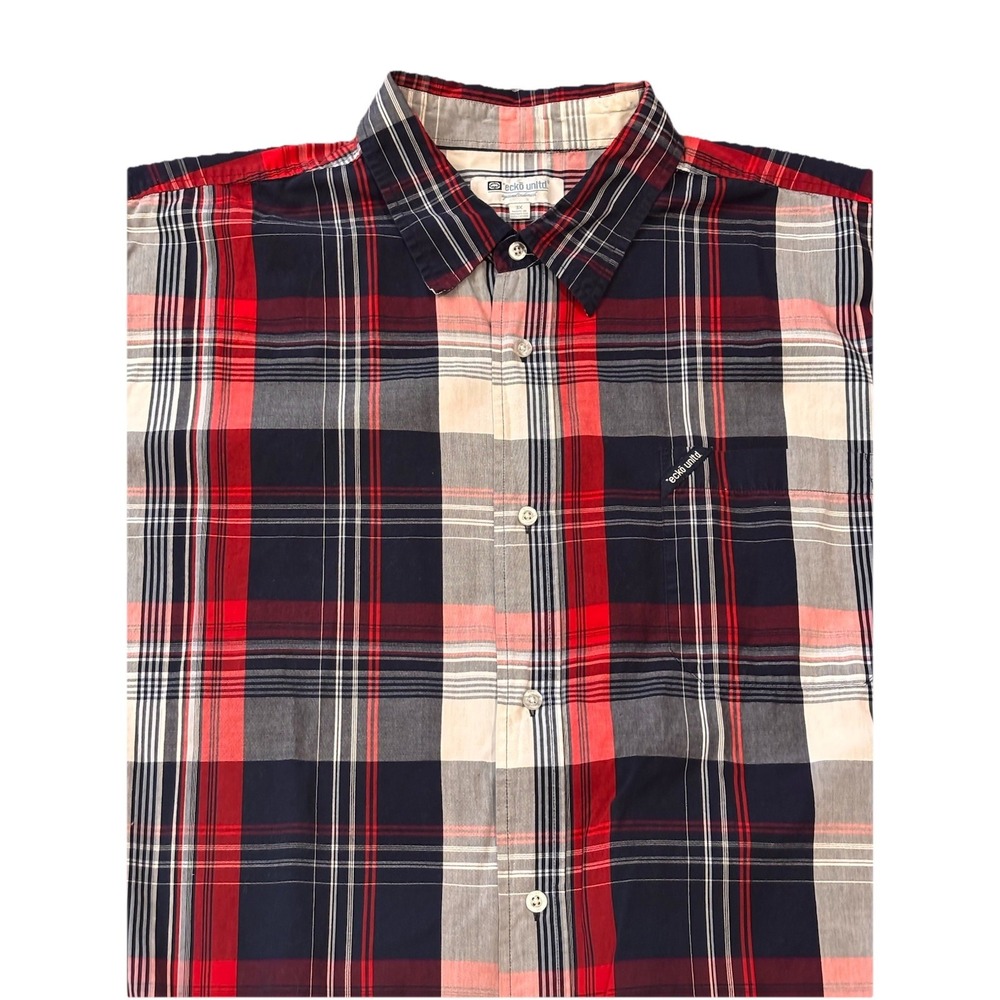 Ecko‎ Unltd Mens 3X Button Up Plaid Short Sleeve Red Blue Casual Dress Shirt